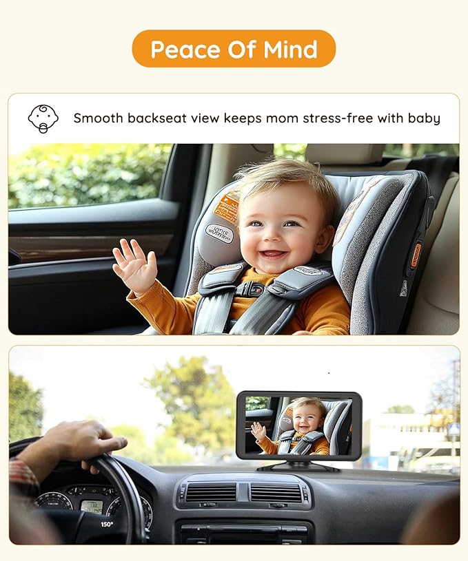 Baby Car Camera Plug-Play, 4.5" 1080P HD Crystal Clear View Baby Car Mirror Camera with 3X Zoom, IR-Cut Night Vision, Flexible 360 Rotation Adjustable Function