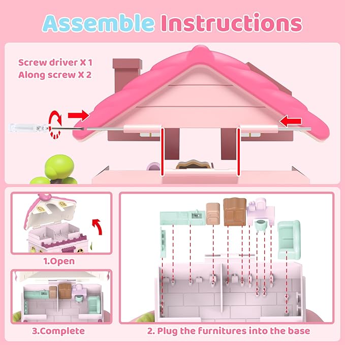 Magnetic Doll House Playset for 2-4 Girls Gifts, Princess Dollhouse with Music, Light, 4 Toy Figures, Girl Toys for 3-5 Years Old, Christmas Birthday Gifts for Kids Age 3 4 5 6 Years Old Girls