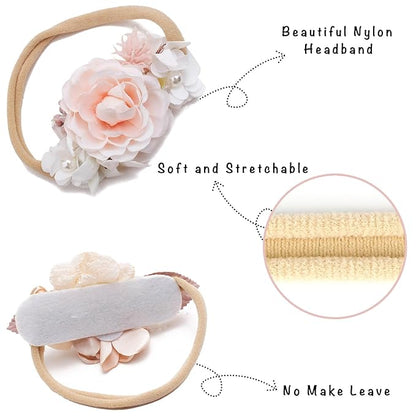 Delicate Floral Headbands Set for Girls - 3pcs Elastic Nylon Pearl Hair Bands, Soft & Stretchy Accessories for Infants