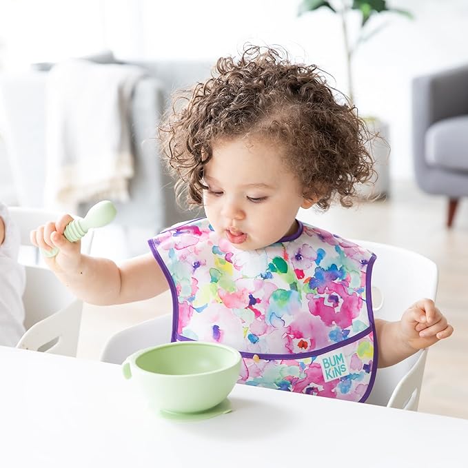 Bumkins Baby Bowl, Silicone Feeding Set with Suction for Baby and Toddler, Includes Spoon and Lid, First Feeding Set, Training Essentials for Baby Led Weaning for Babies 4 Months Up, Sage