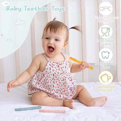 Baby Teething Tubes Teether Sticks, 4 Pack Silicone Hollow Teething 6-12 Months
