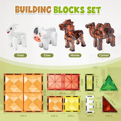 Magnetic Tiles Farm for Toddlers 1-3 Animals, Magnet Tile Set for Kids Ages 3-5 4-8 8-12 Boys Girls, Building Blocks Stem Stack Toys for Travel, Birthday Gift, Preschool