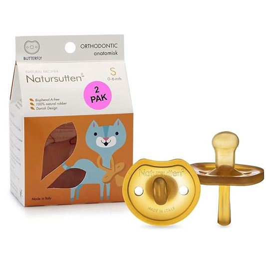 Natursutten Pacifiers 0-6 Months - 2-Pack Butterfly Shield Orthodontic Nipple Natural Rubber Safe & Soft BPA-Free Pacifiers for Breastfeeding Babies