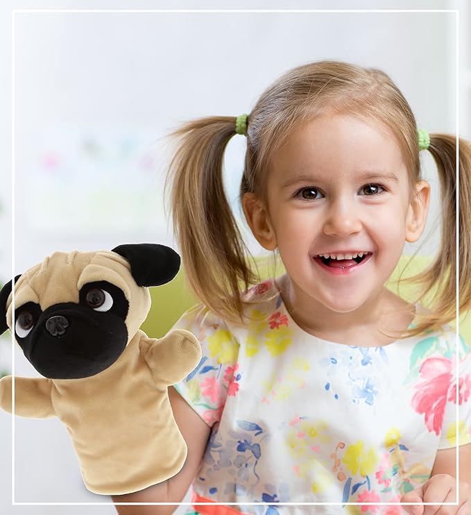 DolliBu Pug Dog Hand Puppet - Super Soft Plush Pug Stuffed Animal Hand Puppets for Kids, Cute Educational Pug Hand Puppets for Adults Teaching and Story Telling Puppet Show Theater Games 8.5 Inches