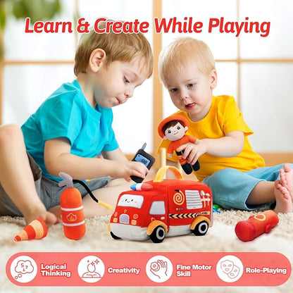 OUOZZZ Firetruck Toys for Toddlers 1-3 - Stuffed Toy Set with Baby Firefighter Doll - Fire Truck Plush Sensory Toy - First Birthday Gift fir Boys 2 Year Old Toys Montessori- Fire Toy for Babies
