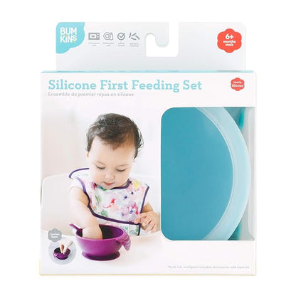 Bumkins Baby Bowl, Silicone Baby Feeding Set with Suction for Baby and Toddler, Includes Spoon and Lid, First Feeding Set, Essential for Baby Led Weaning for Babies 4 Months, Blue