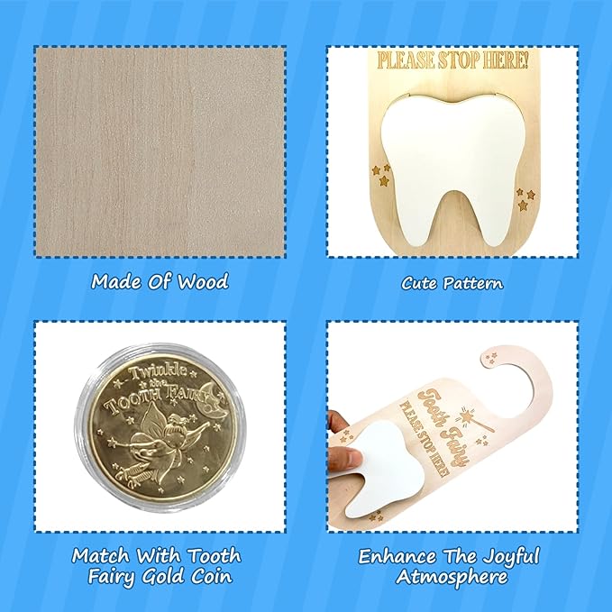 PAMBO Tooth Fairy Tooth Holder, Wooden Tooth Keepsake Door Hanger 3D |