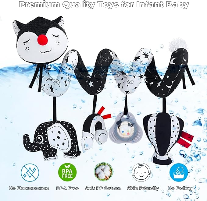 Car Seat Toys for Infants 0-6 Months, High Contrast Baby Toys Black and White Hanging Crib & Stroller Toy 3-6 Newborn Developmental Toy 0-3-6-12 Months with Music Rattles