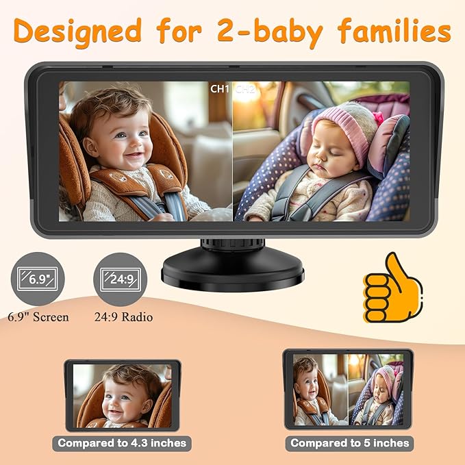 Yakry 2-Kids Baby Car Camera for Seat: 6.9 Inch Split-Screen Display with 2 Cameras Rear Facing - HD 1080P, IR Night Vision, Easy to Install Backseat Camera with 150°Wide Angle White