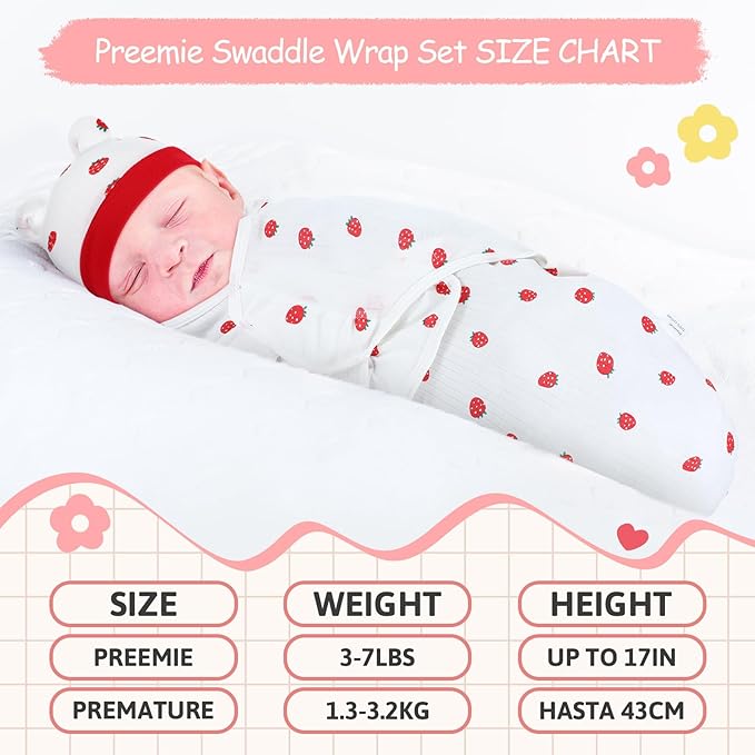 Buryeah 4 Pack Preemie Swaddle Blanket Wrap Set with Hat for Baby Boys Girls 3-7 Lbs Preemie Newborn Clothes Sleepers Cap