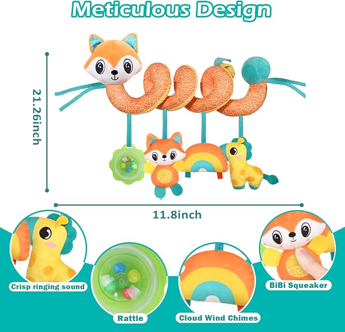 Spiral Car Seat Toys Stroller Toy for Babies - Baby Crib Hanging Rattles Toys for Babies 0-12 Months, Carseat Pram Crib with Musical Rattle Toy for Newborn Boys Girls Gifts （Fox）