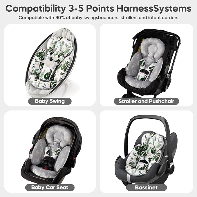 Mamatepe Infant Car Seat Insert, Baby Seat Head and Body Support for Newborn, Soft Breathable, Reversible Design, Fits for Stroller, Baby Swing, Rocker, Bassinets, Pushchair, Green