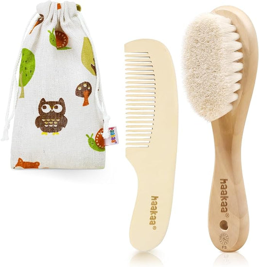 haakaa Baby Hair Brush and Comb Set for Newborns & Toddlers - Natural Soft Goat Bristles and Wooden Handle, Gently Grooms Baby's Hair, Ideal for Cradle Cap, Perfect Baby Gift, 2pk