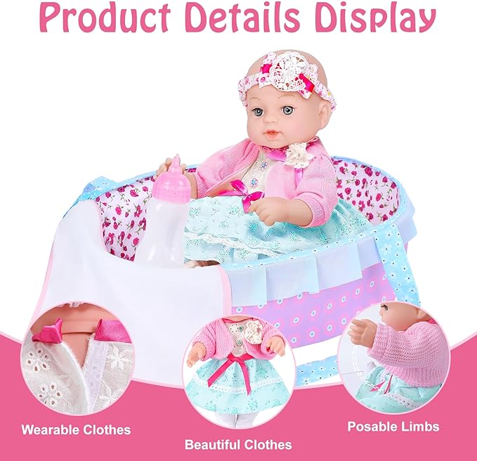 Realistic Baby Dolls 12 Inch Girl Baby Doll with Accessories and Clothes Includes Blanket,Carrier Bassinet Bed 3 Ages