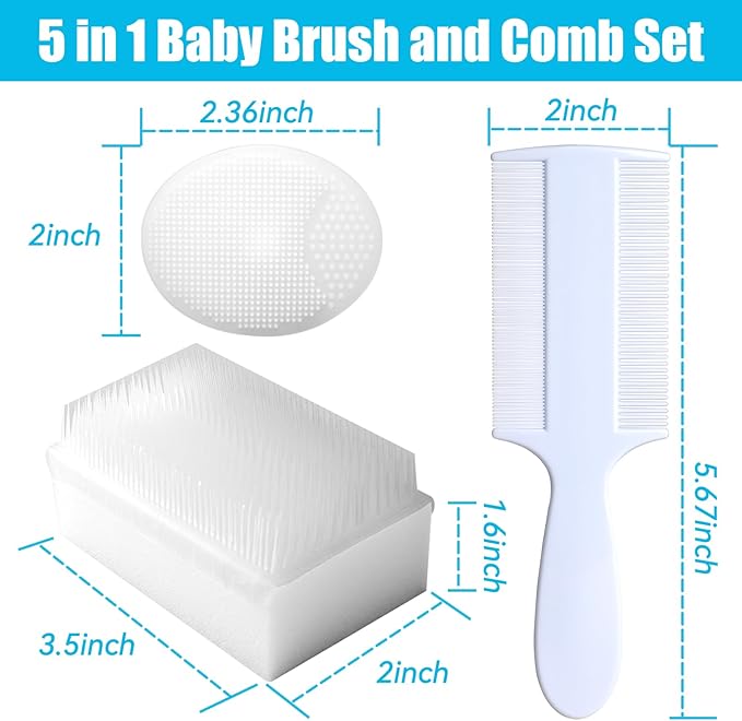Cradle Cap Brush for Babies, 5Pcs Cradle Cap Treatment Set with Soft Bristle Brushes Silicone Scrubber Long Comb for Newborn Bathing Essentials Baby Brush and Comb Set (White)