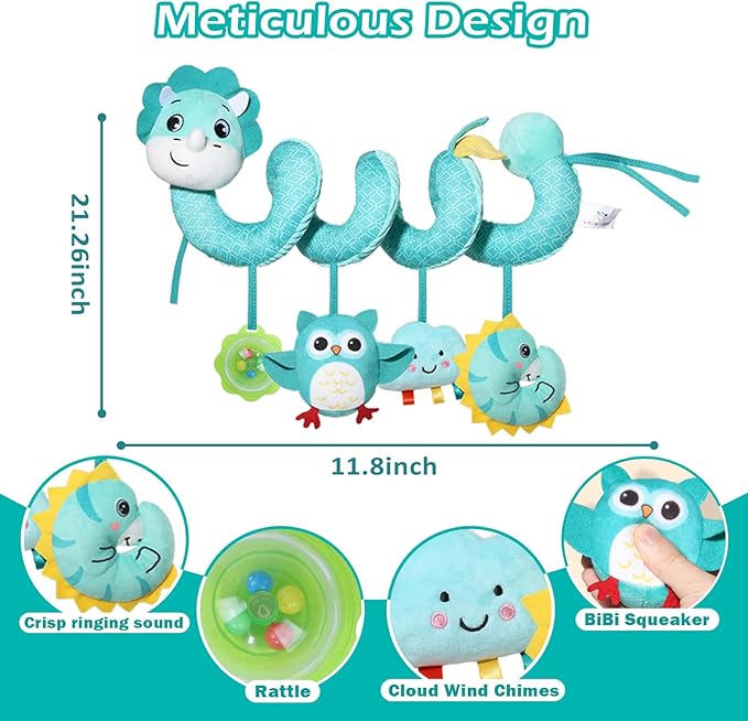 Spiral Car Seat Toys Stroller Toy for Babies - Baby Crib Hanging Rattles Toys for Babies 0-12 Months, Carseat Pram Crib with Musical Rattle Toy for Newborn Boys Girls Gifts（Dinosaur）