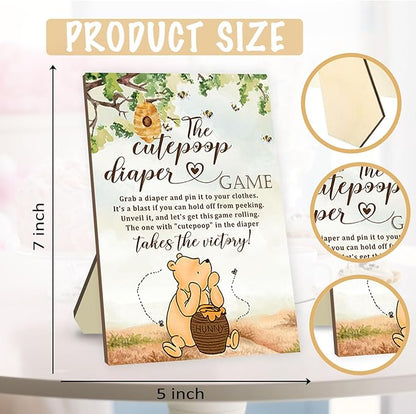 Winnie Baby Shower Games Set - Winnie Wooden Baby Shower Sign with 50 Pcs Mini Felt Diapers Brown, The Cutepoop Diaper Baby Shower Game