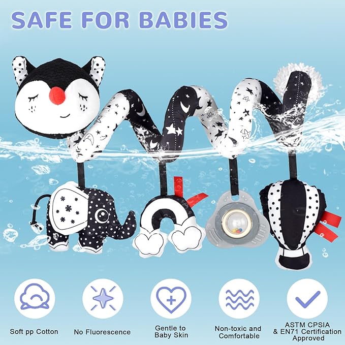 XIXILAND Musical Car Seat Toys Black and White Baby Toys, Infant Toys 0-6 Months Stroller Toys Newborn Toys, High Contrast Baby Toys for Newborn, Gift for 0 3 6 9 12 Months Girls Boys Babies