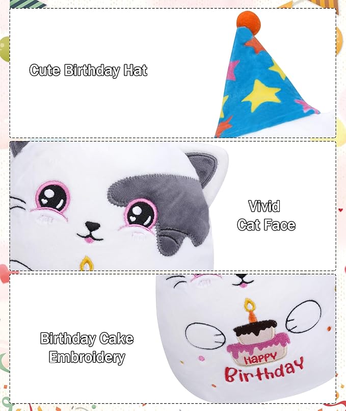 Birthday Stuff Cat Plush Gift - Adorable Blue White Cat Stuffed Doll, Cute Birthday Hat and Cake, Soft Huggable for Kids' Gifts, Cute Decor, 8 Inch