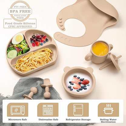 Silicone Baby Feeding Set, Baby Led Weaning Supplies with Suction Bowl Divided Plate, Toddler Self Feeding Dish Set with Spoons Forks Sippy Cup Adjustable Bib, Eating Utensils for 6+ Months(Khaki)