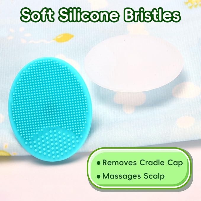 Cradle Cap Brush for Babies, Set of 5 Baby Bath Essentials with Bath Sponge Silicone Scrubber Long Handle Comb for Newborns Toddlers Boys Girls (Green)