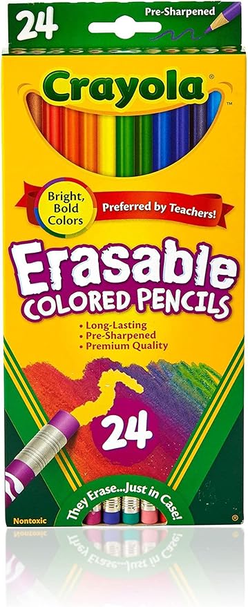 Crayola Erasable Colored Pencils (24ct), Kids Coloring Pencils for Coloring Books, Assorted Colors, Arts & Crafts Supplies, Gifts, Ages 6+