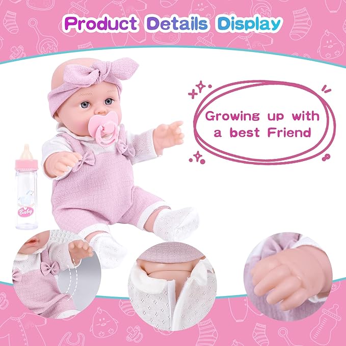 12 Inch Baby Doll Playset with Clothes and Dolls Carrier Accessories Included Baby Carrier, Bottles