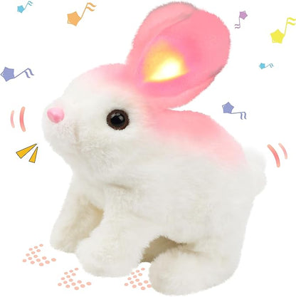 Hopearl Hopping Rabbit with LED Ears Interactive Electronic Pet Plush Bunny Toy with Sounds and Movements Animated Walking Wiggle Light up Ears Twitch Nose Gift for Toddlers Birthday, White 7''