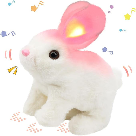 Hopearl Hopping Rabbit with LED Ears Interactive Electronic Pet Plush Bunny Toy with Sounds and Movements Animated Walking Wiggle Light up Ears Twitch Nose Gift for Toddlers Birthday, White 7''