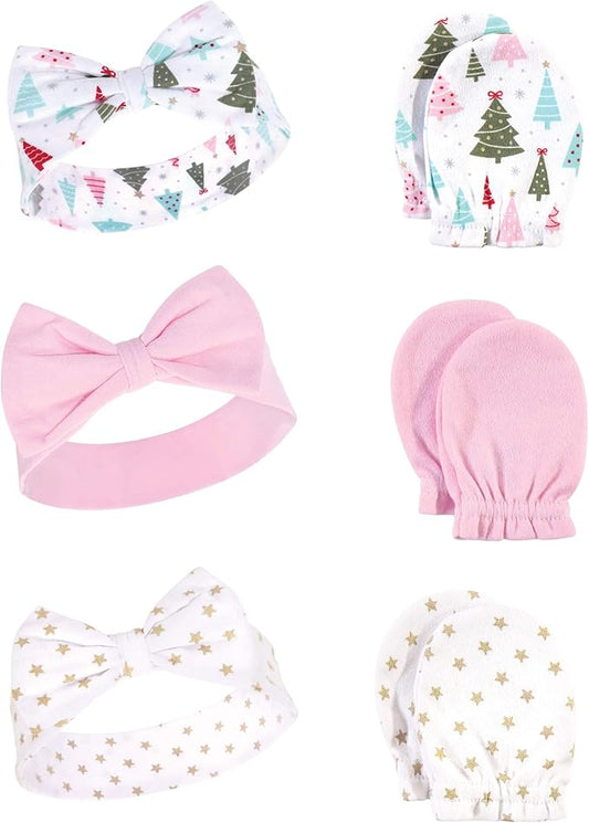 Hudson Baby Baby Girls' Cotton Headband and Scratch Mitten Set