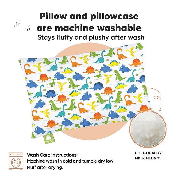 Toddler Pillow with Pillowcase - 13x18 My Little Dreamy Pillow, Organic Cotton Toddler Pillows for Sleeping, Kids Pillow, Travel Pillows, Mini Pillow, Nursery Pillow, Toddler Bed Pillow (Happy Dino)