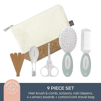 Dreambaby Neat & Tidy 9pc Wheatgrass Baby Grooming Kit - Eco-Friendly Baby Care Kit with Cotton & Cork Travel Bag - Soft Brush, Comb, Safety Scissors, Nail Clippers - Less Plastic Waste
