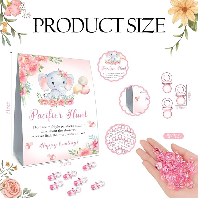 Pacifier Hunt Sign, Mini Pacifiers Baby Shower Game Set 50Pcs Pink 5 * 7IN