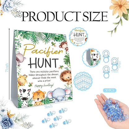 51Pcs Cute Animals Decor Baby Shower Games, Include Baby Pacifier Hunt Sign and 50 Blue Mini Pacifiers
