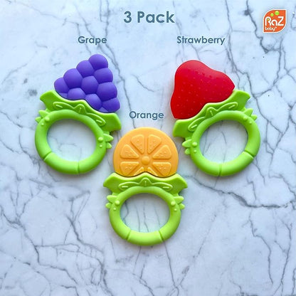 RaZbaby Fruitique Infant & Baby Massager & Teether Toy 3-Pack, Fruit-Shaped Multi-Texture Teethers Soothe Sore Gums 3M+