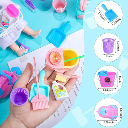 22 Pieces Miniature Bucket Doll Housework Cleaning Supplies Mini Dollhouse Accessories Mop Dustpan, Brush