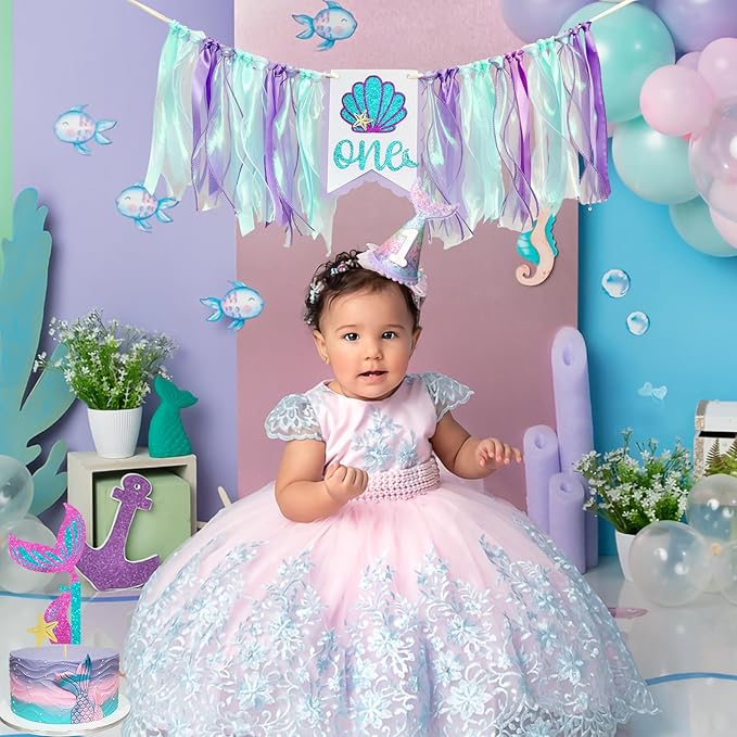 Mermaid 1st Birthday High Chair Banner Purple Party Decorations Mermaid