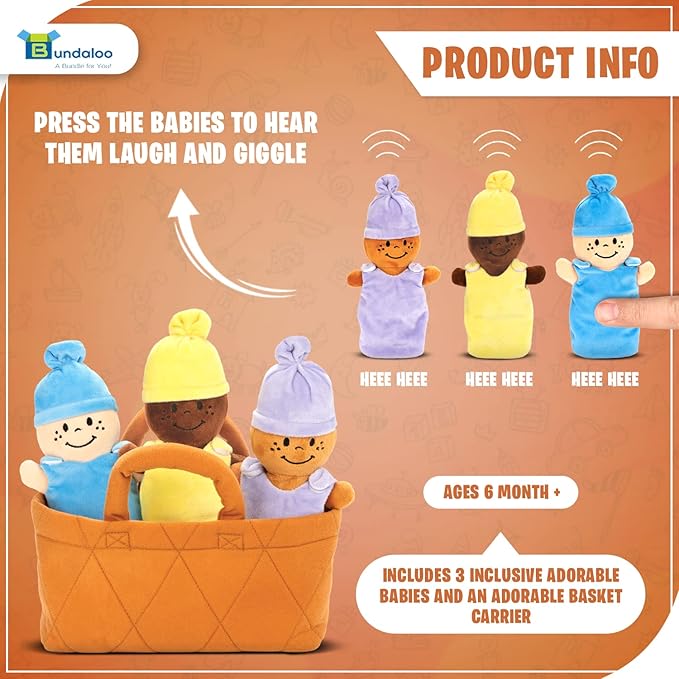 Bundaloo Basket of Babies with Realistic Giggling Sounds - Plush Baby Doll Set with Carrier 3 Multicultural