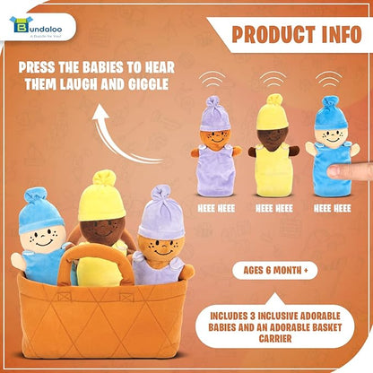 Bundaloo Basket of Babies with Realistic Giggling Sounds - Plush Baby Doll Set with Carrier 3 Multicultural