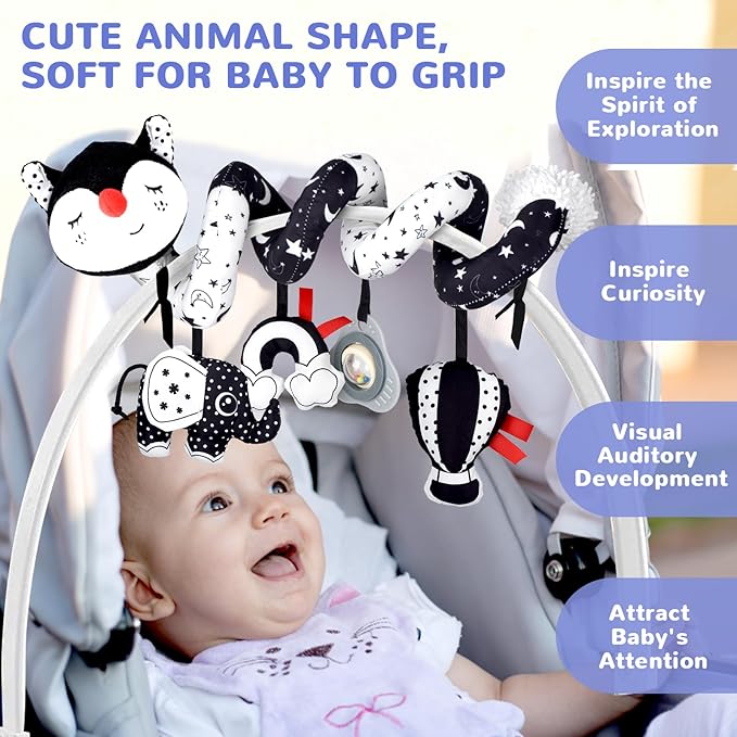 XIXILAND Musical Car Seat Toys Black and White Baby Toys, Infant Toys 0-6 Months Stroller Toys Newborn Toys, High Contrast Baby Toys for Newborn, Gift for 0 3 6 9 12 Months Girls Boys Babies