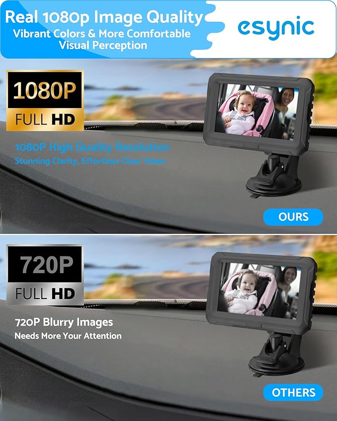 eSynic Baby Car Camera with 4.3 Inch Screen Backseat Baby Monitor 1080P HD Night Vision USB-Powered 360° Rotating Lens 150° Wide Angle 8 LEDs for Baby Car Seat Monitoring Driving Safety