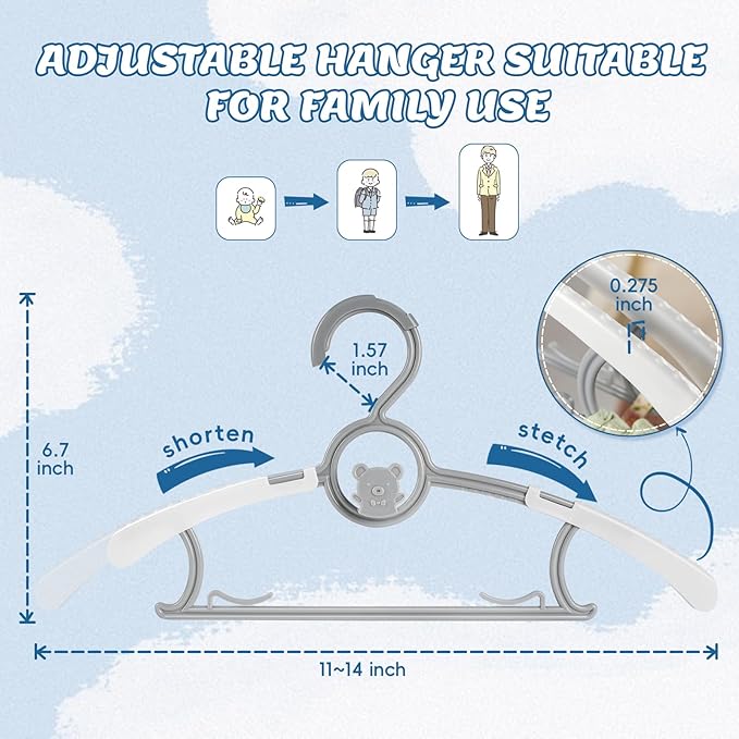 Baby Hangers 30 Pack Extendable Adjustable Kids Hangers - Stackable Kid Hangers,11-14 Inch Non-Slip Plastic Toddler Hangers for Baby Kids Children,Grey Bear Kids Clothes Hangers for Closet