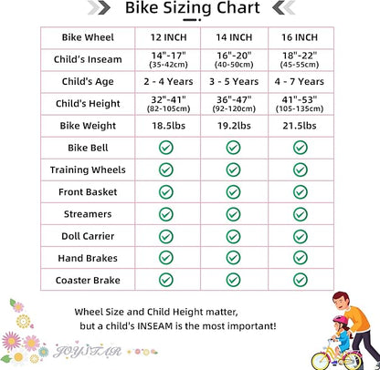 JOYSTAR Little Daisy Kids Bike for Girls Boys Ages 2-7 Years, 12 14 16 Inch Girls Bikes with Doll Bike Seat & Streamers