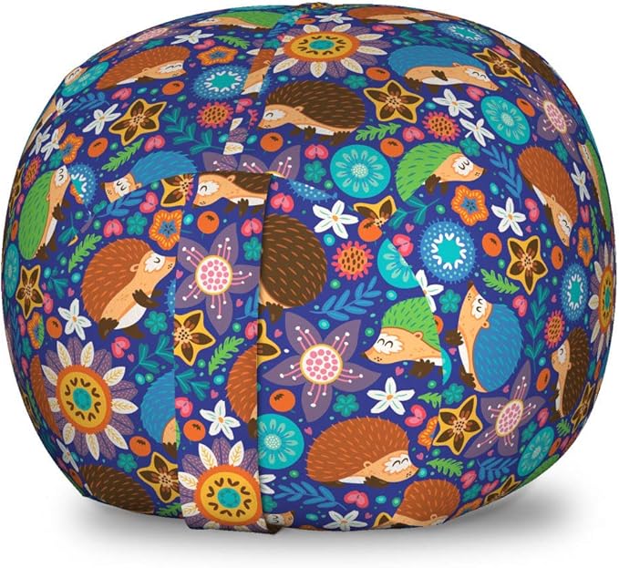 Lunarable Animal Storage Toy Bag Chair, Cartoon Hedgehogs Living in Fantasy Forest Pattern with Flowers Branches Leaves, Stuffed Animal Organizer Washable Bag, Small Size, Blue Orange