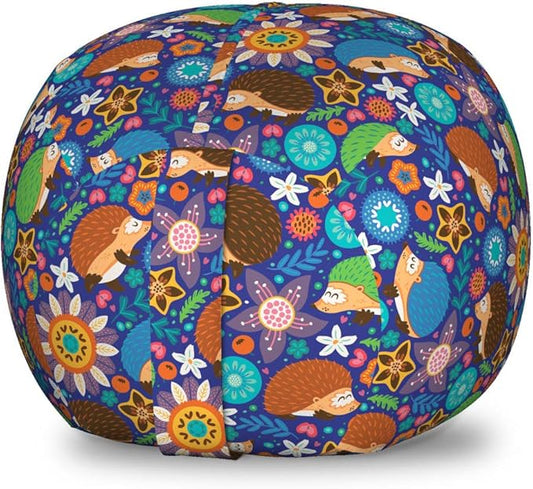 Lunarable Animal Storage Toy Bag Chair, Cartoon Hedgehogs Living in Fantasy Forest Pattern with Flowers Branches Leaves, Stuffed Animal Organizer Washable Bag, Small Size, Blue Orange