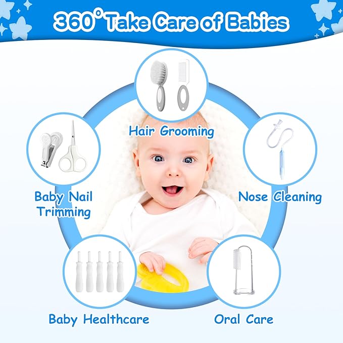 Baby Healthcare and Grooming Kit, 21 in 1 Portable Baby Essentials Kit with Gas Relief Hair Brush Comb Nasal Aspirator for Newborn Boys Girls (Grey White)