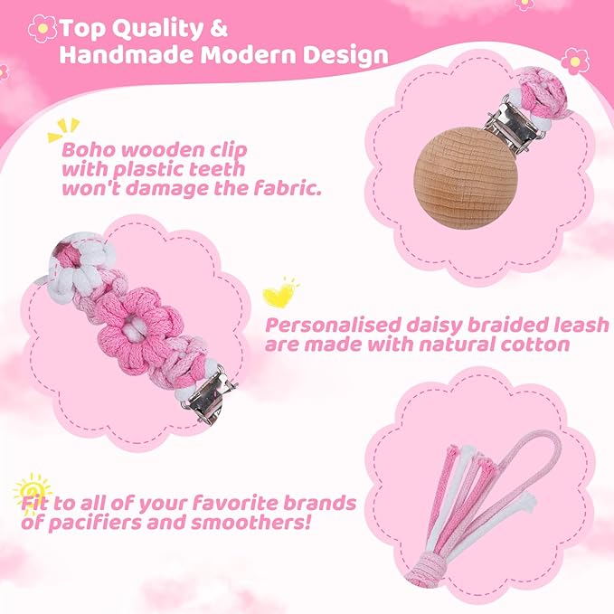 Pacifier Clip for Boys Girls Floral Daisy Macrame Baby Paci (1pack:Pink Daisy