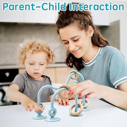 Baby Sensory Teething Chew High Chair Suction Toys for Infant Toddlers 6 12 18 24 Months, Food Grade Silicone Teether with Oak Loop Montessori Educational Parent-Child Baby Bath Toy (Blue)