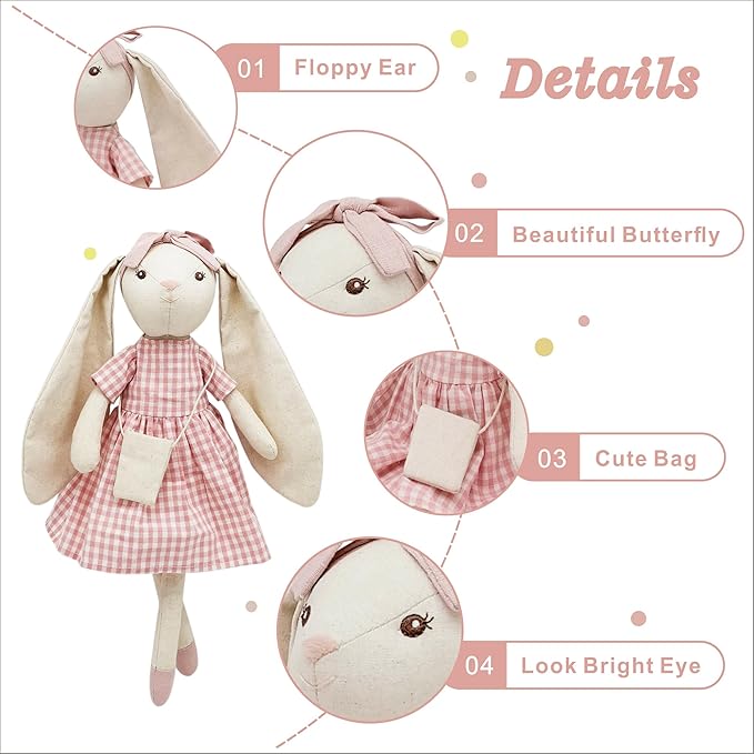 15" Bunny Stuffed Animal for Girls, Plush Toy Doll -Wearing Pink Plaid Dress 3 4 5 Year