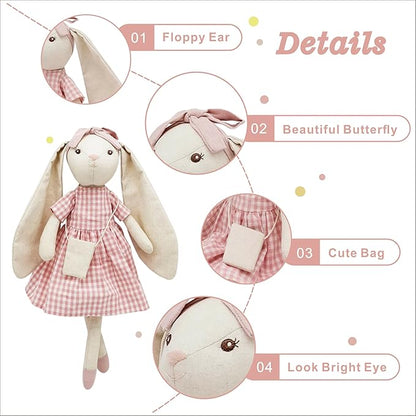 15" Bunny Stuffed Animal for Girls, Plush Toy Doll -Wearing Pink Plaid Dress 3 4 5 Year